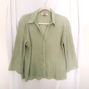 E.K Designs Green Button Up Lightweight Sheer Pattern Stretchy Blouse Size XL